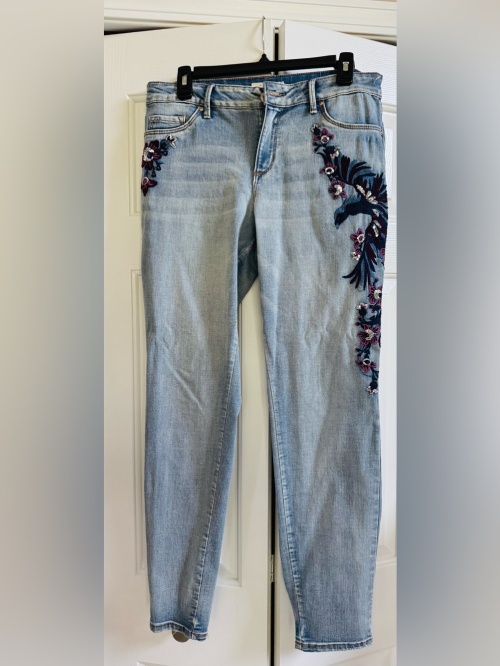 Jessica Simpson Light Wash Straight-Leg Jeans with Navy & Burgundy Embroidery